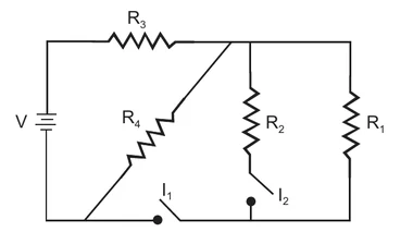 Circuito com uma bateria V e o resistor R3 em série; depois do nó superior, R4 desce até o fio inferior, à esquerda do interruptor I1; R2, com o interruptor I2 em série, e R1 ligam o nó superior ao trecho do fio inferior à direita de I1