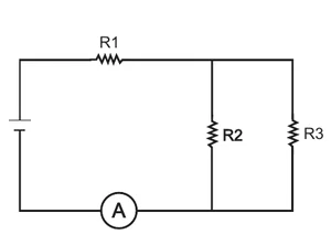 Circuito com bateria, R1 em série, depois R2 e R3 em paralelo, e um amperímetro A no fio inferior, em série com todo o circuito
