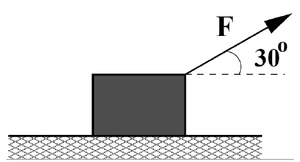 Bloco sobre uma superfície horizontal rugosa, puxado por uma força F que faz 30 graus com a horizontal, para cima e para a direita