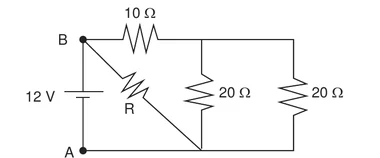Bateria de 12 V entre os pontos A e B; do ponto B partem um resistor de 10 ohms (que leva a dois resistores de 20 ohms em paralelo) e o resistor R, ligado ao nó inferior do circuito, que volta a A