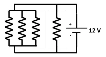 Bateria de 12 V ligada a quatro resistores idênticos, todos em paralelo: três à esquerda, lado a lado, e um à direita
