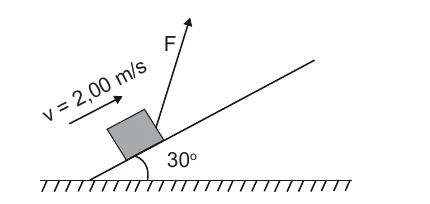 Corpo sobre um plano inclinado de 30° com a horizontal, subindo com velocidade de 2,00 m/s, sob a ação de uma força F