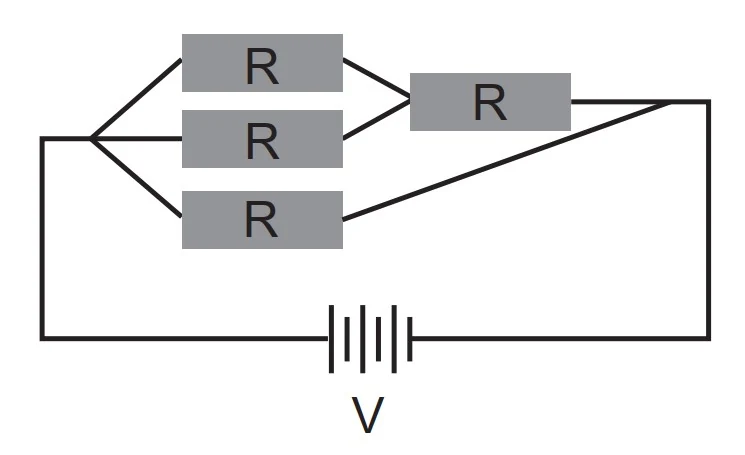 Circuito com três resistores idênticos em paralelo, em série com um quarto resistor e uma bateria de 12 volts