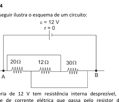 Circuito elétrico com resistores de 20, 12 e 30 ohms