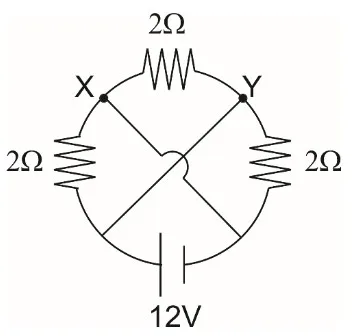Circuito de 12 volts com três resistores de 2 ohms e pontos X e Y