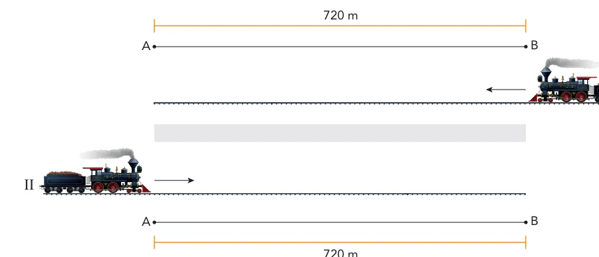 Diagrama oficial da UERJ com dois trens entrando por extremidades opostas de um túnel de 720 metros