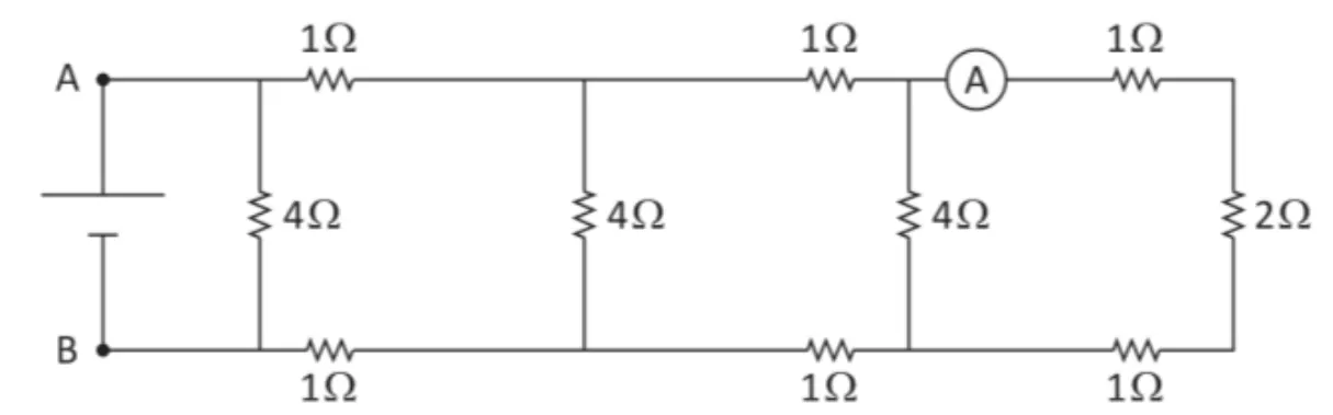 Circuito elétrico em forma de escada, com resistores de 1 ohm nos ramos horizontais, resistores verticais de 4 ohms, resistor final de 2 ohms e amperímetro ideal
