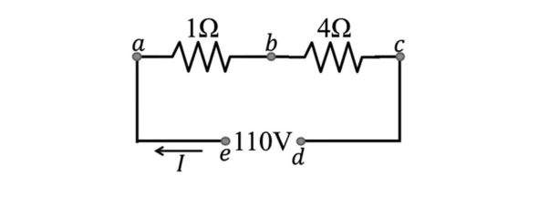 Circuito elétrico com fonte de 110 V e resistores de 1 ohm e 4 ohms em série.