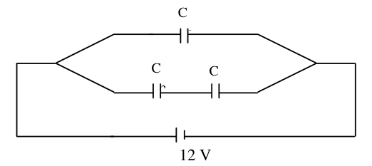 Capacitor C1 no ramo superior, C2 e C3 em série no ramo inferior, ambos sob tensão de 12 V.