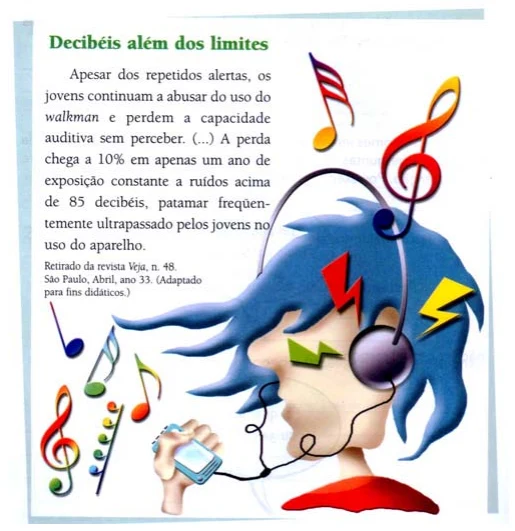 Recorte de revista com o título “Decibéis além dos limites”: jovens abusam do walkman e perdem capacidade auditiva sem perceber, com perda que chega a 10% em um ano de exposição a ruídos acima de 85 decibéis. Ilustração de um jovem com fones de ouvido