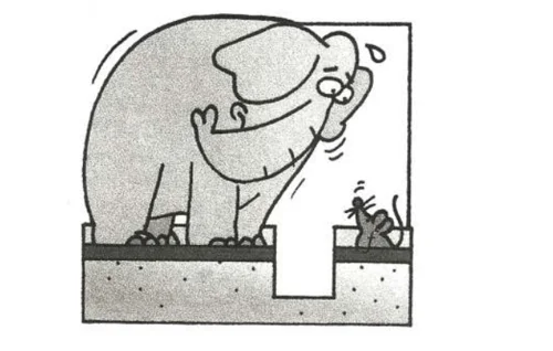Ilustração de um elefante sobre um êmbolo e um ratinho sobre outro êmbolo, de áreas diferentes, em um sistema hidráulico
