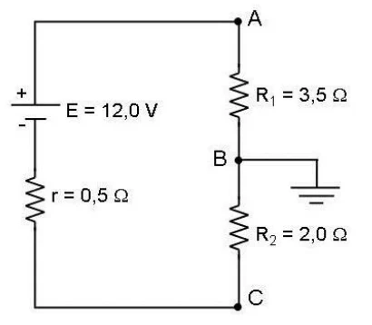 Circuito em série: bateria E = 12,0 V com resistência interna r = 0,5 Ω, resistor R1 = 3,5 Ω entre os pontos A e B, e resistor R2 = 2,0 Ω entre B e C\; o ponto B está ligado à terra.