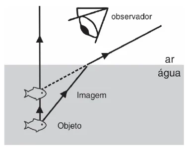 Peixe (objeto) no fundo de um aquário e sua imagem mais próxima da superfície, vista por um observador no ar; raios de luz saem da água e se afastam da normal