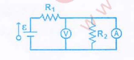 Voltímetro em paralelo com o ramo contendo R2 e amperímetro em outro ramo paralelo.