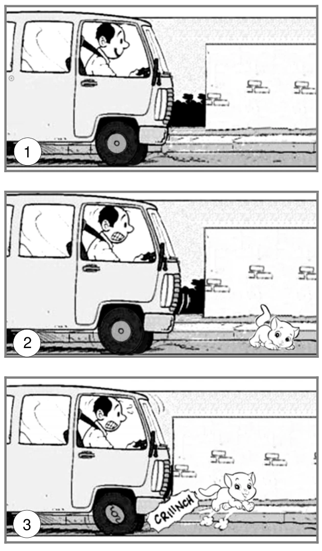 Sequência de três cenas de um condutor: tráfego normal, percepção de um animal à frente e acionamento do freio.