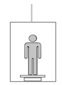 Estudante sobre uma balança no interior de um elevador