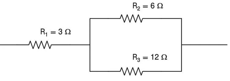 R1 de 3 ohms em série com o paralelo de R2 de 6 ohms e R3 de 12 ohms.
