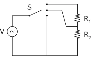 Esquema elétrico da alternativa A, com a fonte V, a chave seletora S e os resistores R1 e R2.