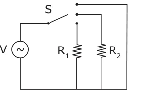 Esquema elétrico da alternativa B, com a fonte V, a chave seletora S e os resistores R1 e R2.