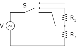 Esquema elétrico da alternativa C, com a fonte V, a chave seletora S e os resistores R1 e R2.