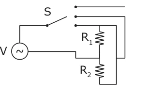 Esquema elétrico da alternativa D, com a fonte V, a chave seletora S e os resistores R1 e R2.