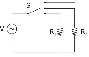 Esquema elétrico da alternativa E, com a fonte V, a chave seletora S e os resistores R1 e R2.