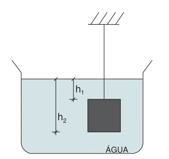 Cubo suspenso e totalmente imerso na água; faces superior e inferior nas profundidades h1 e h2.