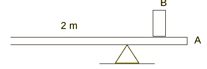 Barra horizontal apoiada em um suporte triangular, com a caixa B sobre ela, perto da extremidade A; a distância de 2 m está indicada entre a extremidade esquerda e o apoio, ficando o apoio a 1 m da extremidade A