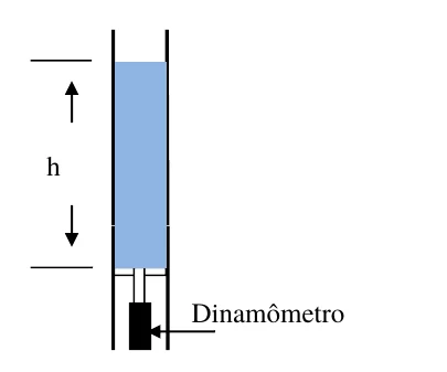 Tubo cilíndrico vertical com líquido de altura h, com êmbolo móvel no fundo apoiado em um dinamômetro