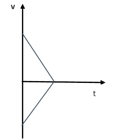 Gráfico com duas retas que partem de valores simétricos de v em t = 0 e se encontram no eixo t
