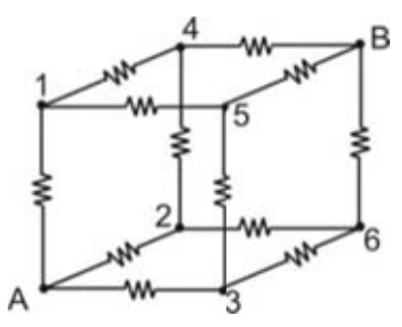 Cubo com doze resistores nas arestas; A e B em vértices opostos pela diagonal espacial.