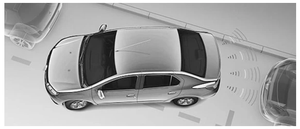 Automóvel com sensores de estacionamento e setores de detecção diante de um obstáculo.