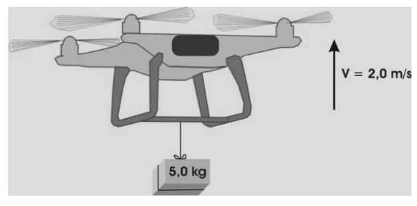 Drone erguendo caixa de 5,0 kg com velocidade vertical de 2,0 m/s