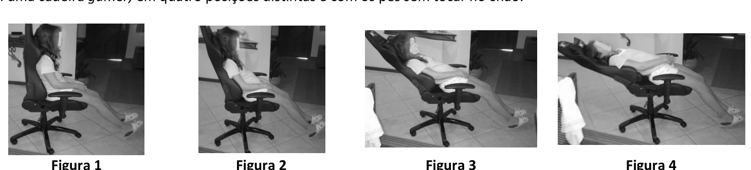 Quatro posições diferentes de uma cadeira gamer ocupada.