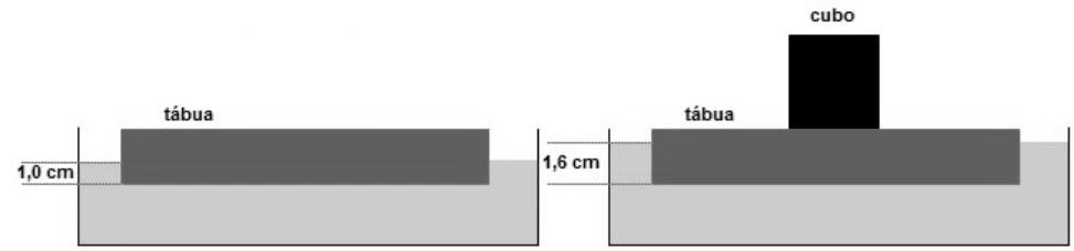 Tábua flutuando com 1,0 cm de imersão; com um cubo apoiado em sua superfície superior, a imersão passa a 1,6 cm.