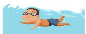 Criança flutuando na superfície da água de uma piscina.