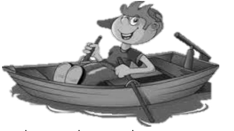 Menino remando canoa em água inicialmente parada.