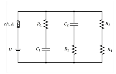 Fonte e chave alimentam três ramos em paralelo; dois contêm resistor e capacitor em série.