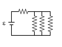 Circuito com resistor de 5 ohms em série e três resistores de 9 ohms em paralelo
