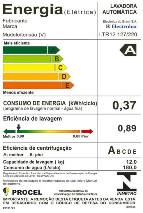 Etiqueta de eficiência energética de uma lavadora automática