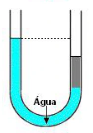 Alternativa D: Líquido denso embaixo e coluna equivalente menor.