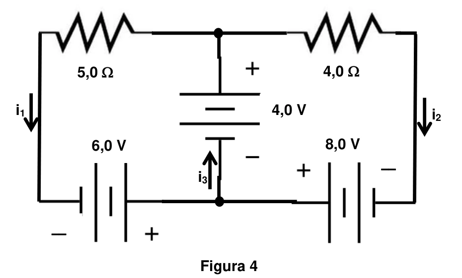 Circuito com resistores de 5 e 4 ohms, fontes de 6, 8 e 4 volts e sentidos de referência das correntes.