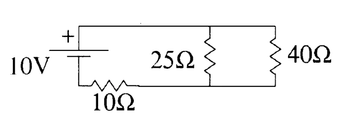 Bateria de 10 V com resistor de 10 Ω em série com a associação em paralelo de 25 Ω e 40 Ω