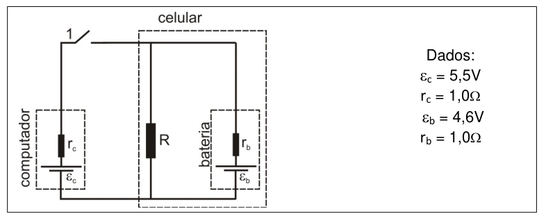 Computador, receptor e bateria: esquema original da questão 27 da UFSC 2015
