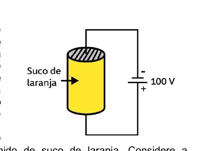 Tubo cilíndrico com suco de laranja ligado a uma fonte de 100 volts