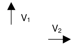 Dois vetores com a mesma origem: V1, vertical para cima, e V2, horizontal para a direita, com comprimentos semelhantes.