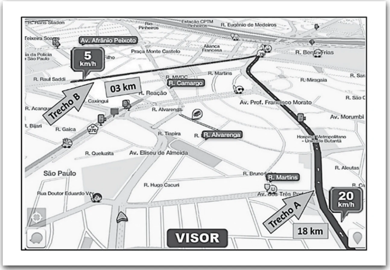 Tela do aplicativo com o trecho A de 18 km a 20 km/h e o trecho B de 3 km a 5 km/h