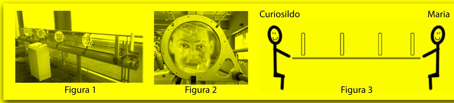 Figura 1: o tubo com as lentes; Figura 2: a imagem de um rosto; Figura 3: esquema com Curiosildo e Maria nas extremidades do tubo, com as lentes entre eles