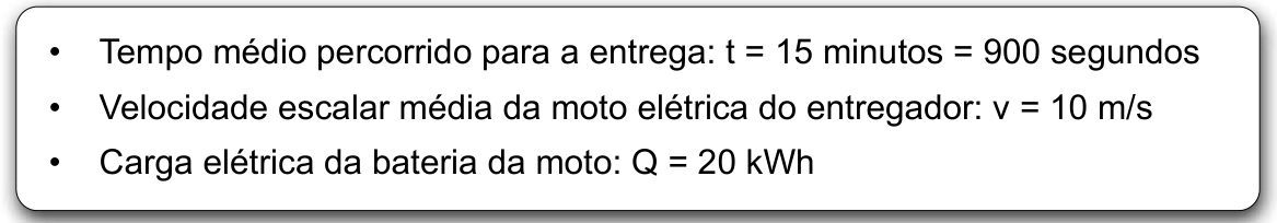 Quadro com tempo de entrega, velocidade média e suposta carga elétrica da bateria da moto, questões 48 e 49 da FATEC 2023.2