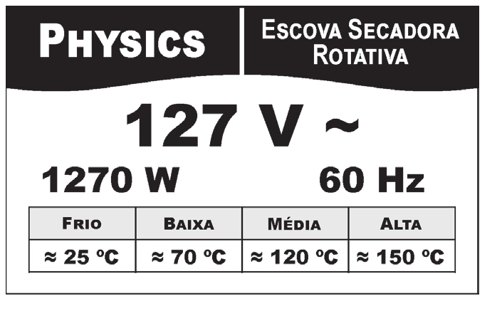 Placa de identificação da escova secadora rotativa Physics com tensão de 127 V, potência de 1270 W e frequência de 60 Hz